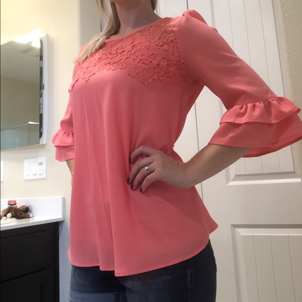 NWT coral blouse with bell sleeves and lace